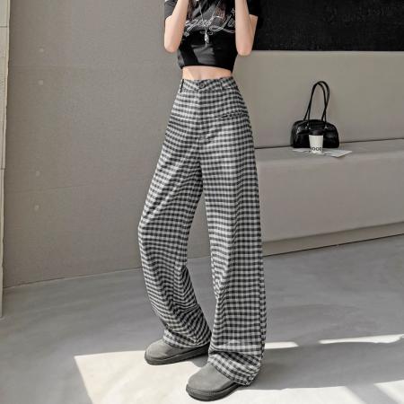 FA56147# 春夏季新款格子阔腿裤高腰垂感韩版显瘦休闲裤直筒裤子女 服裝批發女裝批發服飾貨源
