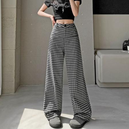 FA56147# 春夏季新款格子阔腿裤高腰垂感韩版显瘦休闲裤直筒裤子女 服裝批發女裝批發服飾貨源