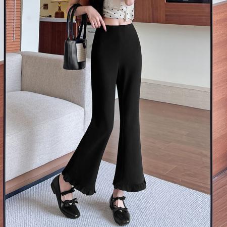 FA56148# 春夏季新款黑色喇叭裤木耳边裤脚高腰显瘦韩版弹力九分裤女 服裝批發女裝批發服飾貨源