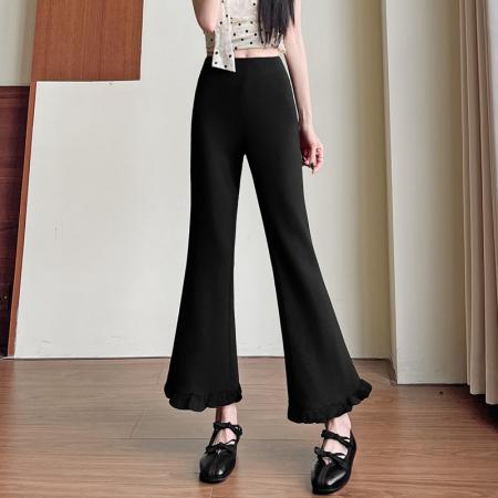 FA56148# 春夏季新款黑色喇叭裤木耳边裤脚高腰显瘦韩版弹力九分裤女 服裝批發女裝批發服飾貨源