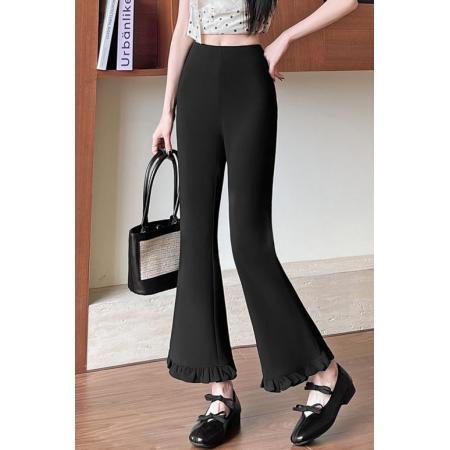 FA56148# 春夏季新款黑色喇叭裤木耳边裤脚高腰显瘦韩版弹力九分裤女 服裝批發女裝批發服飾貨源