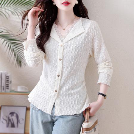 FA56151# 大码女装翻领拼接蕾丝V领针织提花T恤胖mm显瘦气质百搭上衣 服裝批發女裝批發服飾貨源