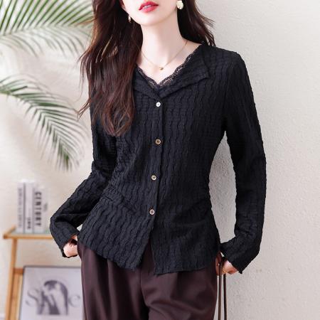 FA56151# 大码女装翻领拼接蕾丝V领针织提花T恤胖mm显瘦气质百搭上衣 服裝批發女裝批發服飾貨源