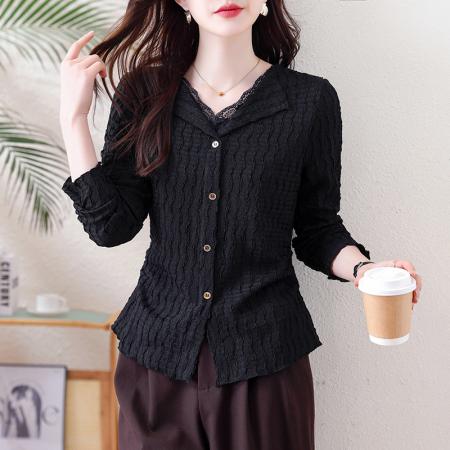 FA56151# 大码女装翻领拼接蕾丝V领针织提花T恤胖mm显瘦气质百搭上衣 服裝批發女裝批發服飾貨源