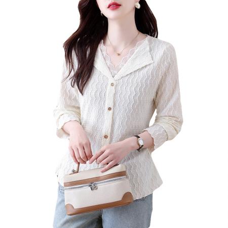 FA56151# 大码女装翻领拼接蕾丝V领针织提花T恤胖mm显瘦气质百搭上衣 服裝批發女裝批發服飾貨源