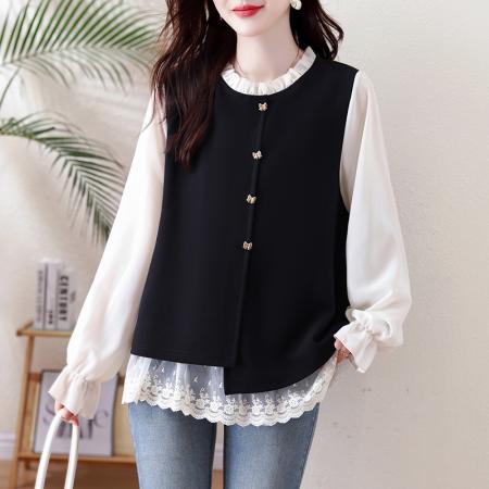 FA56152# 假两件大码女装春季新款网纱拼接法式上衣女 服裝批發女裝批發服飾貨源