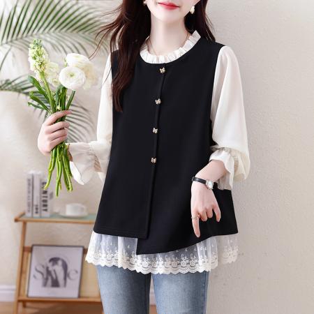 FA56152# 假两件大码女装春季新款网纱拼接法式上衣女 服裝批發女裝批發服飾貨源