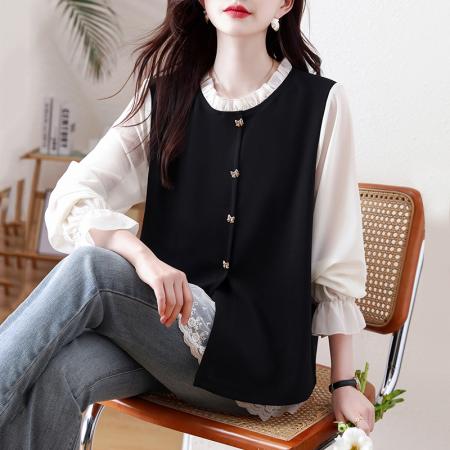 FA56152# 假两件大码女装春季新款网纱拼接法式上衣女 服裝批發女裝批發服飾貨源