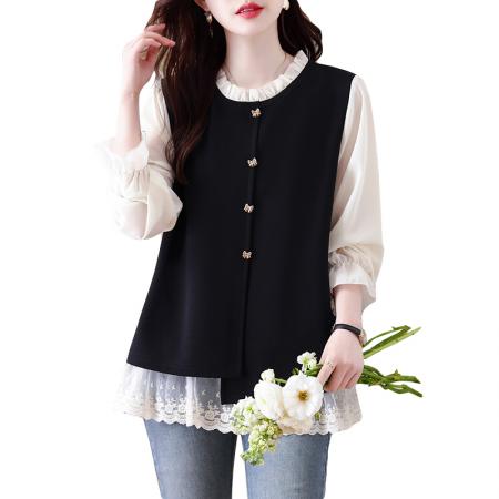 FA56152# 假两件大码女装春季新款网纱拼接法式上衣女 服裝批發女裝批發服飾貨源