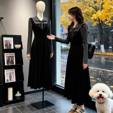 FA56153# 法式赫本风假两件长袖连衣裙子新款女秋冬配大衣内搭打底长裙 服裝批發女裝批發服飾貨源