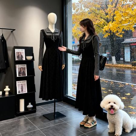 FA56153# 法式赫本风假两件长袖连衣裙子新款女秋冬配大衣内搭打底长裙 服裝批發女裝批發服飾貨源