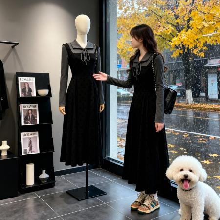 FA56153# 法式赫本风假两件长袖连衣裙子新款女秋冬配大衣内搭打底长裙 服裝批發女裝批發服飾貨源