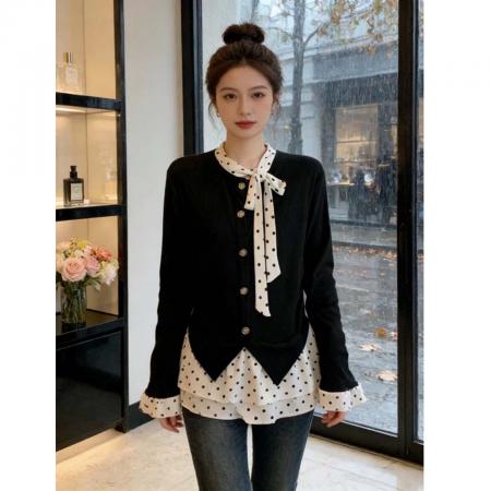 FA56155# 人棉抓毛荷叶边波点针织打底衫女春季宽松显瘦设计感上衣 服裝批發女裝批發服飾貨源