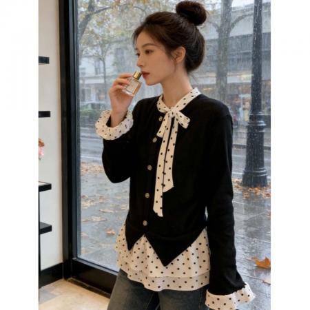 FA56155# 人棉抓毛荷叶边波点针织打底衫女春季宽松显瘦设计感上衣 服裝批發女裝批發服飾貨源