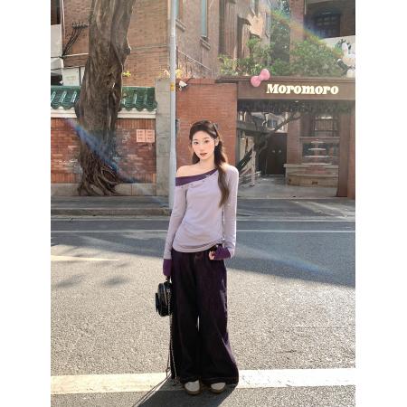 FA56164# 美式辣妹假两件铆钉斜肩长袖t恤女新款修身显瘦气质打底上衣 服裝批發女裝批發服飾貨源