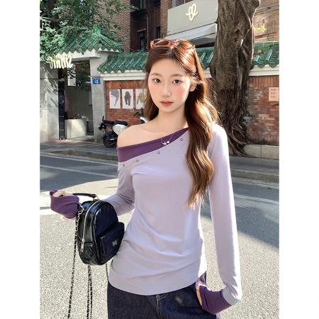 FA56164# 美式辣妹假两件铆钉斜肩长袖t恤女新款修身显瘦气质打底上衣 服裝批發女裝批發服飾貨源