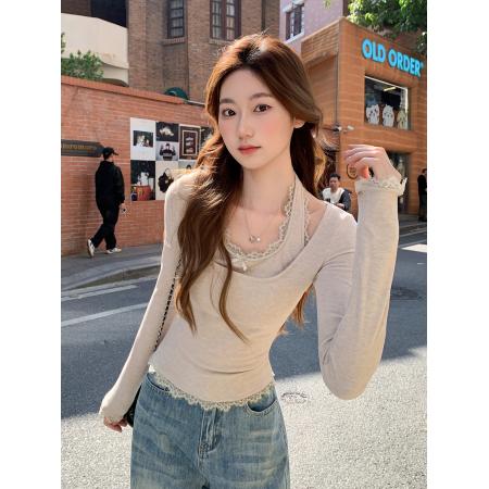 FA56166# 假两件蕾丝挂脖长袖t恤女新款设计感修身显瘦带胸垫打底上衣 服裝批發女裝批發服飾貨源