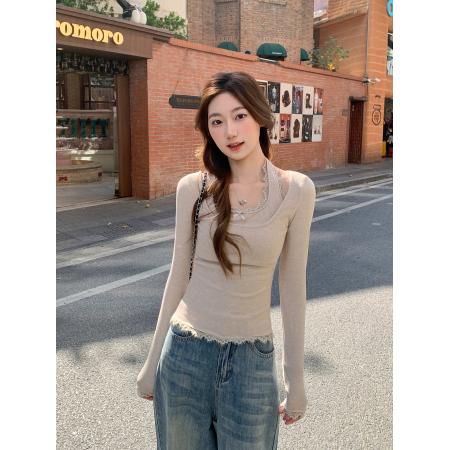 FA56166# 假两件蕾丝挂脖长袖t恤女新款设计感修身显瘦带胸垫打底上衣 服裝批發女裝批發服飾貨源