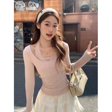 FA56166# 假两件蕾丝挂脖长袖t恤女新款设计感修身显瘦带胸垫打底上衣 服裝批發女裝批發服飾貨源