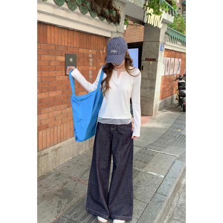 FA56167# 网纱拼接假两件长袖t恤女早春新款宽松显瘦设计感打底衫上衣 服裝批發女裝批發服飾貨源