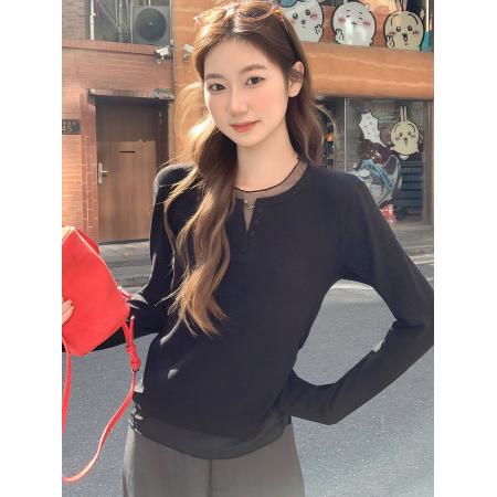 FA56167# 网纱拼接假两件长袖t恤女早春新款宽松显瘦设计感打底衫上衣 服裝批發女裝批發服飾貨源