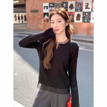 FA56167# 网纱拼接假两件长袖t恤女早春新款宽松显瘦设计感打底衫上衣 服裝批發女裝批發服飾貨源