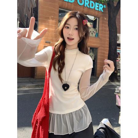 FA56168# 韩系设计感网纱拼接假两件长袖t恤女春季新款气质修身显瘦上衣 服裝批發女裝批發服飾貨源