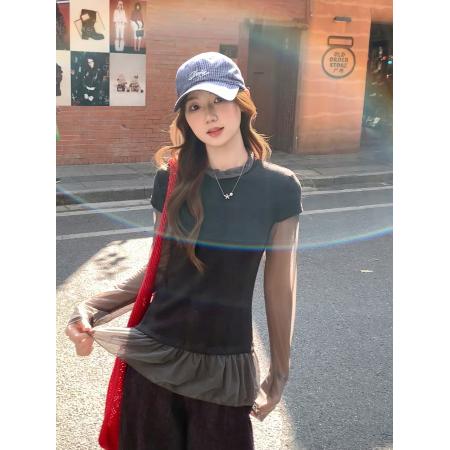 FA56168# 韩系设计感网纱拼接假两件长袖t恤女春季新款气质修身显瘦上衣 服裝批發女裝批發服飾貨源