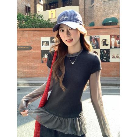 FA56168# 韩系设计感网纱拼接假两件长袖t恤女春季新款气质修身显瘦上衣 服裝批發女裝批發服飾貨源