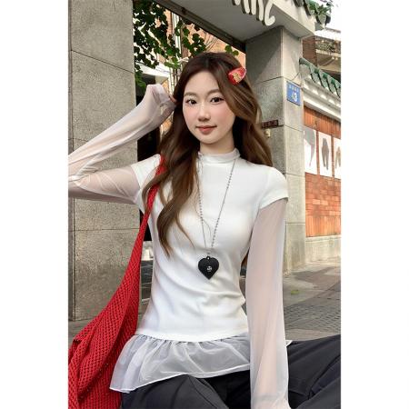 FA56168# 韩系设计感网纱拼接假两件长袖t恤女春季新款气质修身显瘦上衣 服裝批發女裝批發服飾貨源