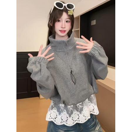 FA56171# 薄款卫衣女春秋薄拉链新款蕾丝假两件宽松纯色立领上衣 服裝批發女裝批發服飾貨源