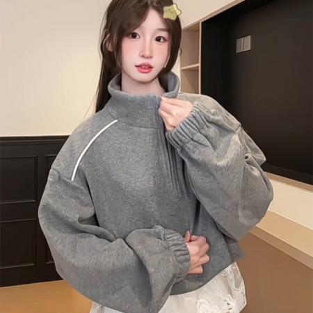 FA56171# 薄款卫衣女春秋薄拉链新款蕾丝假两件宽松纯色立领上衣 服裝批發女裝批發服飾貨源