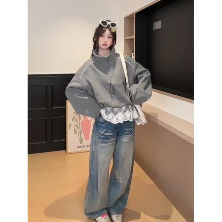 FA56171# 薄款卫衣女春秋薄拉链新款蕾丝假两件宽松纯色立领上衣 服裝批發女裝批發服飾貨源