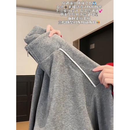 FA56171# 薄款卫衣女春秋薄拉链新款蕾丝假两件宽松纯色立领上衣 服裝批發女裝批發服飾貨源