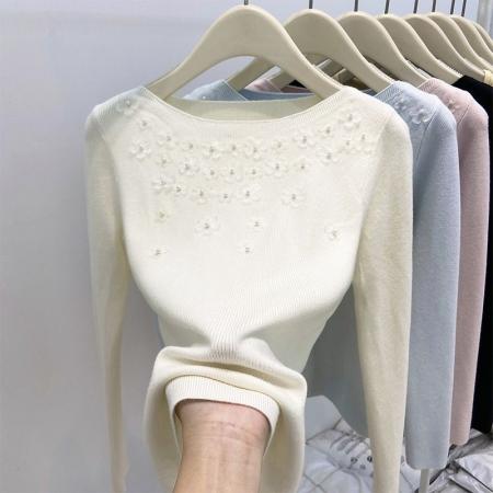 FA56172# 春装新款韩版十三行修身手工提花设计显瘦百搭套头羊毛针织衫 服裝批發女裝批發服飾貨源