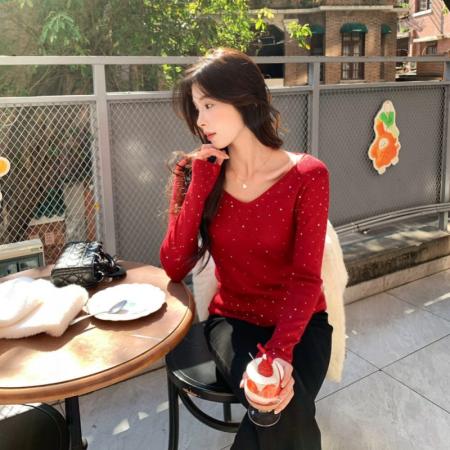 FA56173# 纯欲性感红色V领烫钻针织衫毛衣女早春修身显瘦绝美内搭打底上衣 服裝批發女裝批發服飾貨源