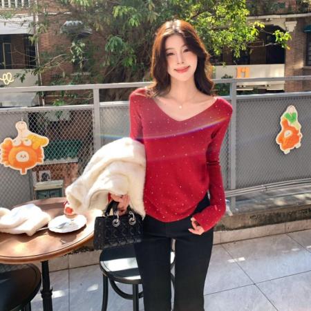 FA56173# 纯欲性感红色V领烫钻针织衫毛衣女早春修身显瘦绝美内搭打底上衣 服裝批發女裝批發服飾貨源