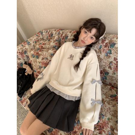 FA56174# 薄款卫衣女装春秋薄新款潮假两件宽松小狗刺绣花圆领上衣 服裝批發女裝批發服飾貨源