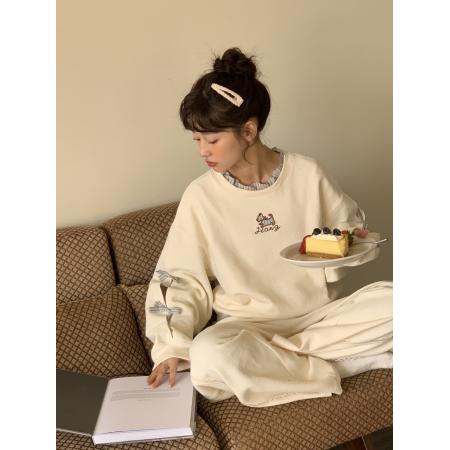 FA56174# 薄款卫衣女装春秋薄新款潮假两件宽松小狗刺绣花圆领上衣 服裝批發女裝批發服飾貨源