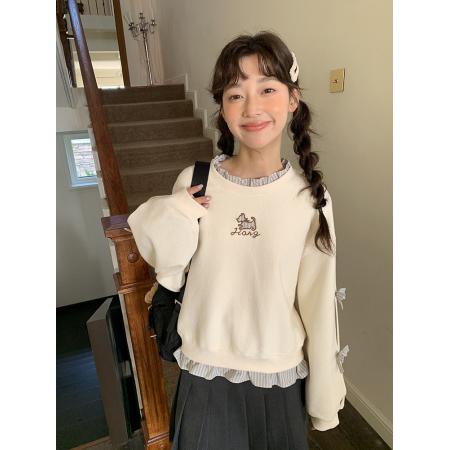 FA56174# 薄款卫衣女装春秋薄新款潮假两件宽松小狗刺绣花圆领上衣 服裝批發女裝批發服飾貨源