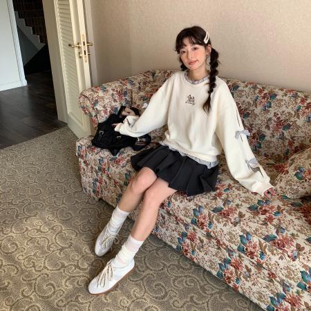 FA56174# 薄款卫衣女装春秋薄新款潮假两件宽松小狗刺绣花圆领上衣 服裝批發女裝批發服飾貨源