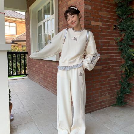 FA56174# 薄款卫衣女装春秋薄新款潮假两件宽松小狗刺绣花圆领上衣 服裝批發女裝批發服飾貨源