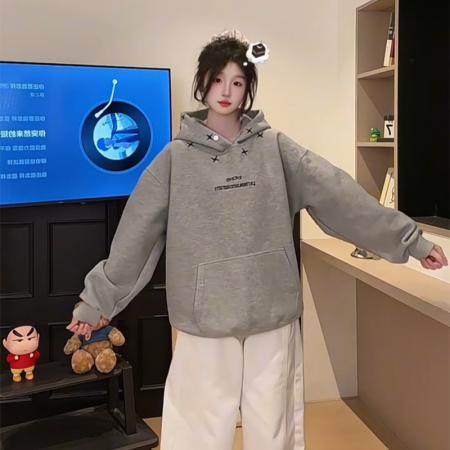 FA56175# 薄款卫衣男女情侣装春秋薄新款设计感宽松刺绣花连帽上衣 服裝批發女裝批發服飾貨源