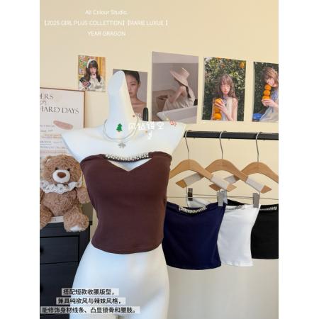 FA56178# 纯欲风性感抹胸上衣女镂空钻钻背心自带胸垫 服裝批發女裝批發服飾貨源