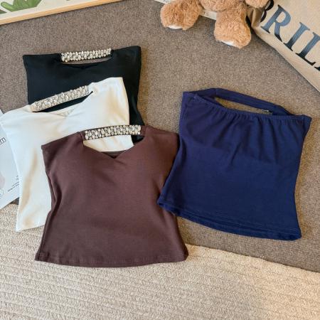 FA56178# 纯欲风性感抹胸上衣女镂空钻钻背心自带胸垫 服裝批發女裝批發服飾貨源