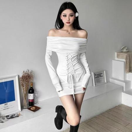 FA56181# 纯欲辣妹拼接一字肩连衣裙女收腰显瘦黑裙修身包臀短裙 服裝批發女裝批發服飾貨源