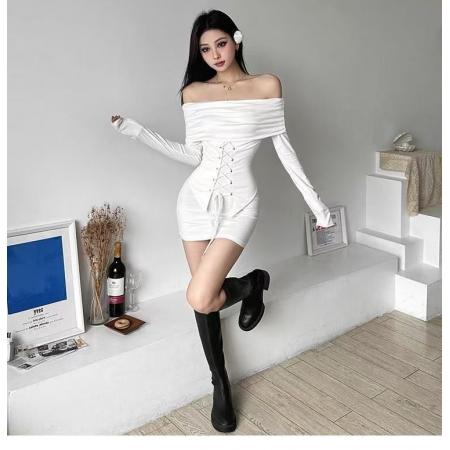 FA56181# 纯欲辣妹拼接一字肩连衣裙女收腰显瘦黑裙修身包臀短裙 服裝批發女裝批發服飾貨源