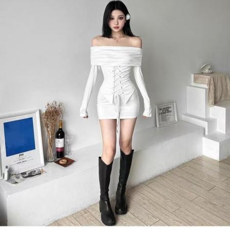 FA56181# 纯欲辣妹拼接一字肩连衣裙女收腰显瘦黑裙修身包臀短裙 服裝批發女裝批發服飾貨源