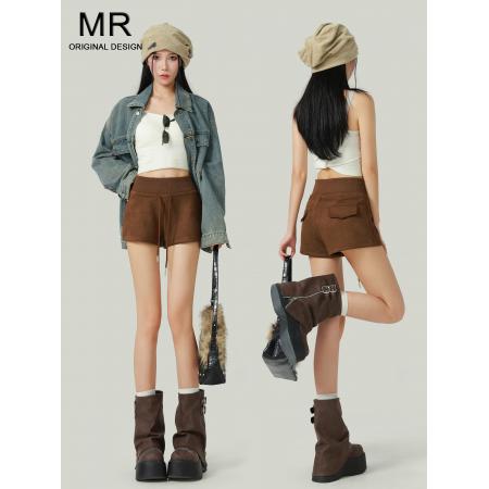 FA56185# 咖啡色鹿皮绒高腰休闲短裤女秋冬新款松紧腰显瘦外穿a字热裤 服裝批發女裝批發服飾貨源