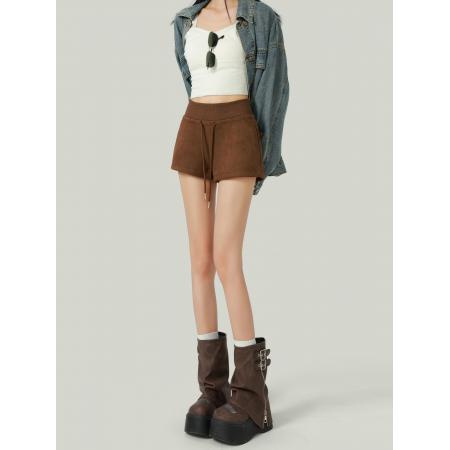 FA56185# 咖啡色鹿皮绒高腰休闲短裤女秋冬新款松紧腰显瘦外穿a字热裤 服裝批發女裝批發服飾貨源